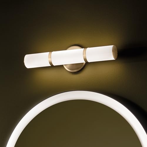 Image of Kichler Rosh 18 in LED Bathroom Vanity Light Fixture with White Glass in Champagne Bronze, Modern Minimalist Bath Bar for Mirror, Dimmable (18 in W x 5 in H), 55187CPZLED