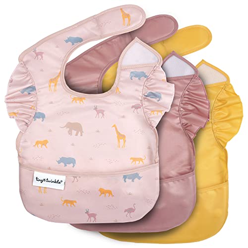 Image of Tiny Twinkle Mess-Proof Baby Bibs for Eating | Waterproof, Wipeable Toddler Bibs with Catch-All Pocket | Feeding Bibs for Girls & Boys(3 Pack,Petite Safari)