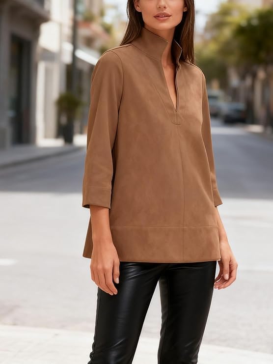 D Pastizales Women's Faux Suede Shirt V Neck 3/4 Sleeve Tunic Length Blouse for Office Daily Wear（Khaki,XL） by D Pastizales - Used condition - Image 5