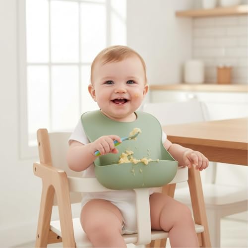 PandaEar Set of 3 Cute Silicone Baby Bibs for Babies & Toddlers (10-72 Months) Waterproof, Soft, Unisex, Non Messy (Brown/Blue/Green) — view 6