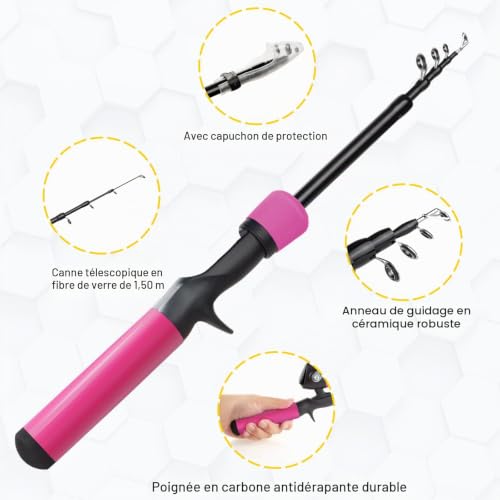 SandKing Kit de Canne à pêche pour Enfants, 1.5M Combo télescopique Canne et Moulinet pour débutants avec Moulinet Spincast,Cadeaux d’équipement de pêche pour garçons, Filles, Tout-Petits (Rose) – vue 2