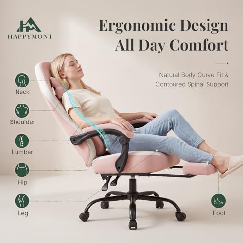 Image of Computer Gaming Chair - High Back Ergonomic Desk Chair with Footrest and Lumbar Support, Height Adjustable Task Chair with Linkage Armrests and Headrest, 360 Swivel Wheels, Pink