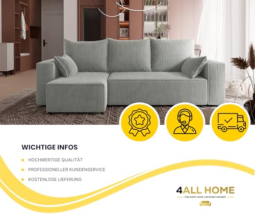 4ALL HOME Ecksofa mit Schlaffunktion Tobi 246x145 cm - Couch - Sofa mit Bettkasten - Eckcouch - L-Form - Schlaffsofa - Schlafsofa mit Bettkasten - Universal (Cord Poso 55 Grau)