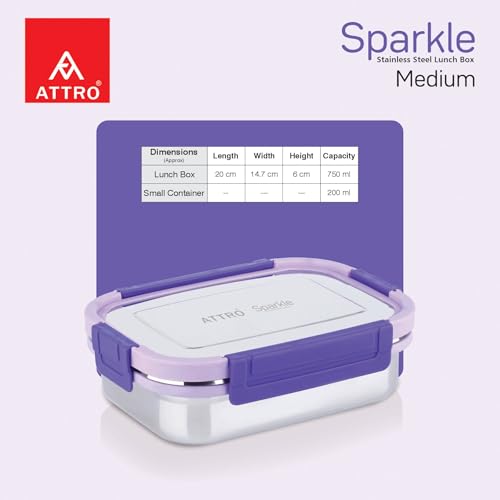 Image of ATTRO Sparkle Medium Stainless Steel Lunch Box 2-Piece Set - 800ml + 150ml - Leak-Proof, BPA-Free, Compact & Durable - Ideal for Kids, Office, Travel - Purple