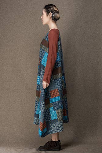 Jiqiuguer Lady’s Long Loose Spliced Figured Cloth Dress, Artistic Linen Casual Irregular Maxi Dress Grey #TOP2