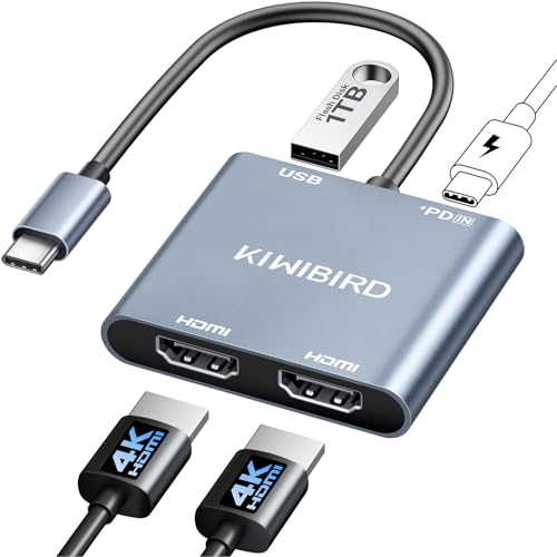 KiWiBiRD Hub hdmi 2 monitores, Hub USB C 2 HDMI, Adaptador USB C a HDMI Dual, Splitter hdmi 1 Entrada 2 Salidas Tipo C 4K 2160p 1440p 1080p HDCP PD 100W, Compatible con Macbook Mac TV PC Proyector