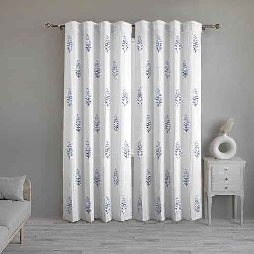 Image of Linenwalas Cotton Printed Curtains 6 Feet Long Set Of 2, Curtain For Windows Home Decor Items For Living Room Bedroom, Semi Sheer Drapes With Back Loop Hangings (6 Ft Length, Blue Leaf) - Back Tab