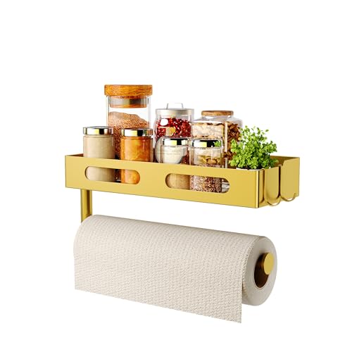 Paper Towel Holder Wall Mount for Kitchen, Paper Towel Holder with Shelf for Bathroom, RV Paper Towel Rack with 2 Hooks, Gold