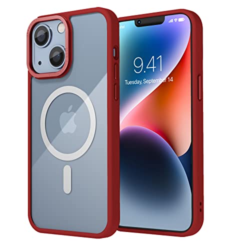 Image of Vaku Luxos Clear Armor MagPro for iPhone 14 Plus Cover Case, Shockproof, Scratch Resistant, Slim, Thin, Military-Grade Metal Ring Camera Protection, Compatible with MagSafe Back Cover - Red
