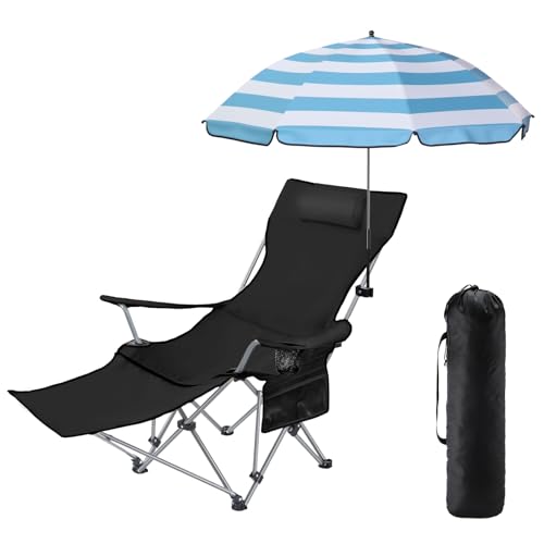 Karenhi Beach Chair with Umbrella Folding Reclining, Blue and White