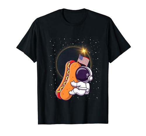 Astronauta Solar Eclipse Hotdog Bandera de Estados Unidos Divertido Eclipse Unisex Eclipse Camiseta