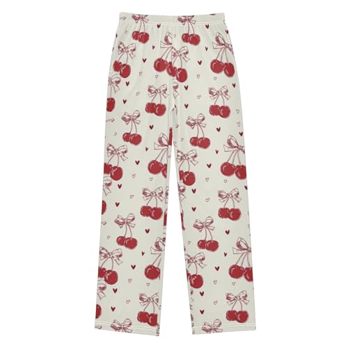 Pajama Pants Sleep Pants Soft Elastic Waist Pajama Lounge Pants Red Bow Cherry Love Pattern for 6-14 Years Old