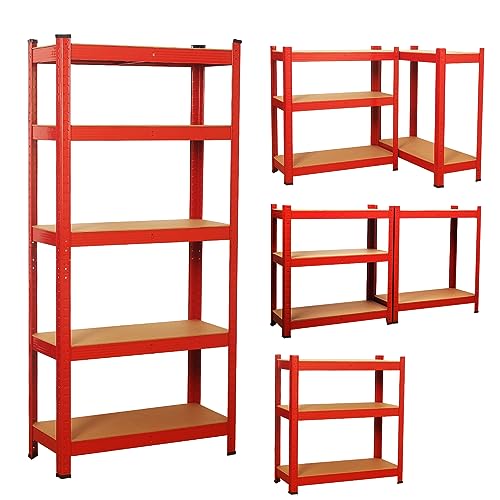COZYBRITE Garage Shelving Units 5 Tier Heavy Duty Shed Storage Racking Shelf Metal Boltless 875kg Capacity 175kg Per Shelf for Warehouse Workshop Office (Red, 90x40x180cm) 1 COZYBRITE Garage Shelving Units 5 Tier Heavy Duty Shed Storage Racking Shelf Metal Boltless 875kg Capacity 175kg Per Shelf for Warehouse Workshop Office (Red, 90x40x180cm)