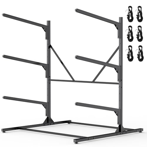 LXVOOEE Kayak Storage Rack Heavy Duty Freestanding Kayak Rack for Garage and Outdoor Storage Kayak Stand Adjustable for Kayak Canoe Surfboard and Paddle Board 3-Layer