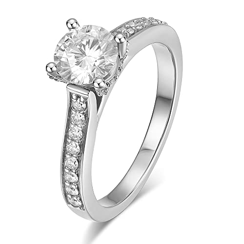 HAFEEZ CENTER 14K Solid Gold D Color VVS 1ct 6.5mm Round Brilliant Cut Halo Solitaire Moissanite Engagement Rings for Women (White-Gold, 8.5)