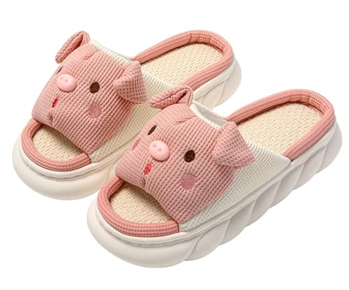 [SHPEROWW] レディース ルームシューズ 可愛い ぶた スリッパ 麻 室内履き 厚底 夏春 滑り止め 来客用 部屋用 ギフト 23.5-24.0cmのサムネイル