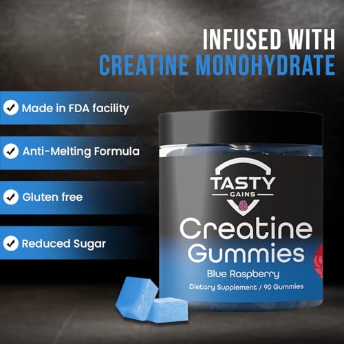 Tasty Gains Creatine Infused Gummies, 90g of Creatine, Non-GMO, Vegan - Build Muscle & Boost Strength for Men & Women (1g Creatine Monohydrate Per Gummy) Made in USA