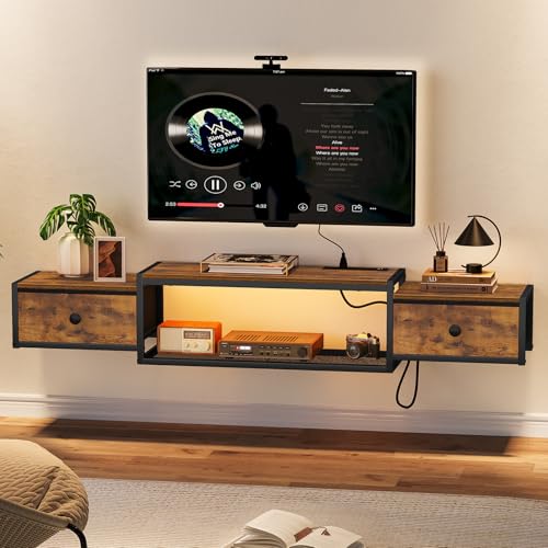 Image of Snughome 63" Floating TV Stand with Power Outlets, Wall Mounted Entertainment Center with LED Lights, Floating TV Shelf with Drawer, Media Console Shelf for Living Room,for Under TV Storage, Bedroom