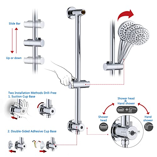 Uclimaa Rain Shower Head With Handheld, 5 Settings Rain Showerhead+6 Setting Handheld Shower Spray With 5Ft Stainless Steel Hose, 24" Drill-Free Slider Bar With Low 3-Way Diverter - Chrome #TOP1