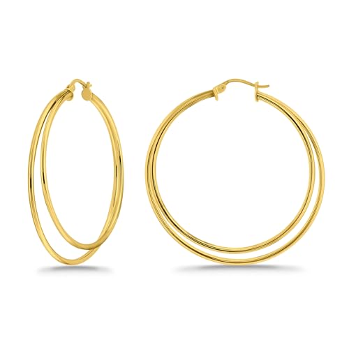 Yellow Gold Flash Sterling Silver Double Row Large 48mm Round Hoop Earrings