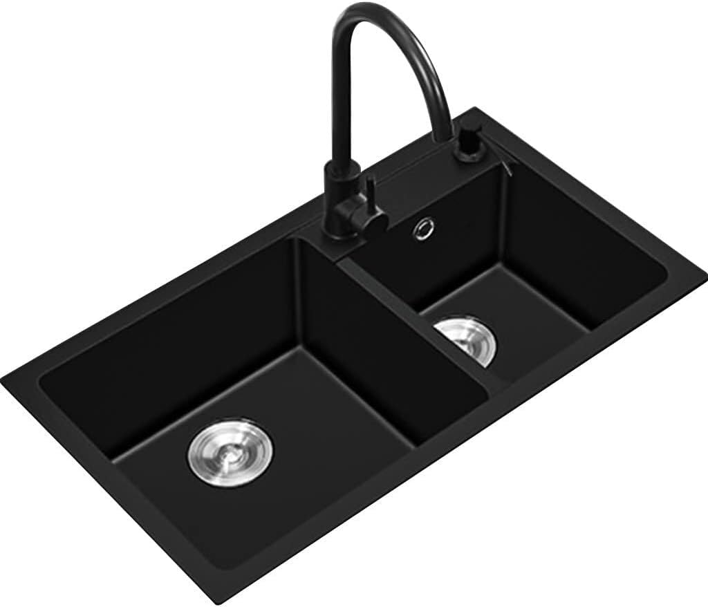 Quartz Stone Kitchen Bar Sink with Faucet - Double Bowl Prep Sink, Drop-in or Undermount Installation, Easy to Clean, Black Square Design,Black~a-82x46cm