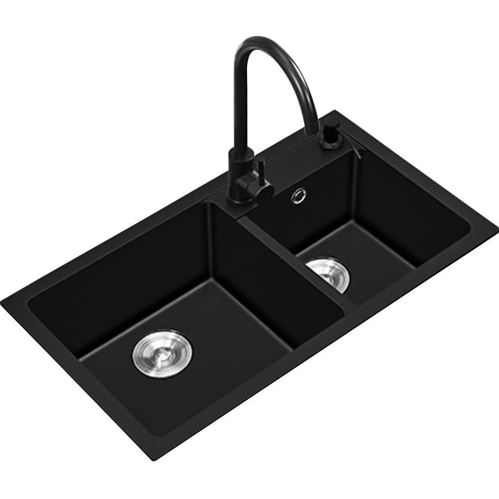 Sddpulse Black~A Quartz Stone Kitchen Bar Sink With Faucet - Double Bowl Prep Sink, Built-In Or Flush-Mounted Installation, Easy To Clean, Black Square Design, ~A-80X45cm