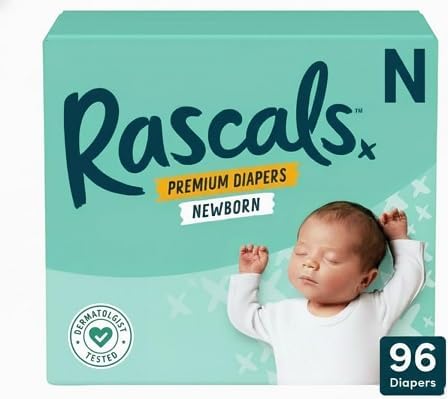 Rascals Premium Diapers, Size NB, 96 Count
