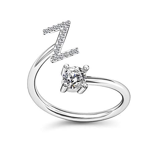 Image of HUJUON Silver Initial Letter Ring for Women. Adjustable Crystal Alphabet Ring,Name Initials Stackable Knuckle Rings A-Z CZ Open Ring