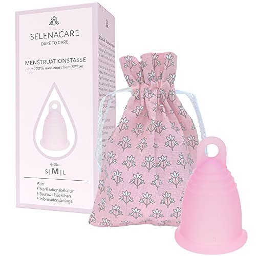 Selenacare Menstruationstasse Premium - waschbarer Periodencup aus medizinischem Silikon - mit Reinigungsbehälter und Aufbewahrungsbeutel aus Baumwolle, Rosa, Größe M (26ml)