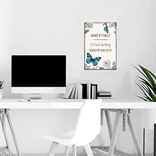 Inspirational Quote Canvas Wall Art : Motivational Posters Blue Butterfly Flower Picture Framed, What If I Fall Positive Affirmations Bedroom Decor Gift For Women Girl 10" X 15" #TOP6