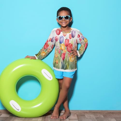 Boys Rash Guard Swim Shirt Long Sleeve UPF+ 50 Sun Shirts Quick Dry Shirt Painting Colorful Tulip for Toddler Kids4