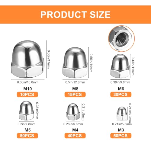 Hutmuttern hohe Form Set, 195 Stk Edelstahl Sechskantmuttern, M3/M4/M5/M6/M8/M10 Sechskant Hutmuttern, Innengewinde Abdeckkappen Kuppelmuttern Hutmuttern