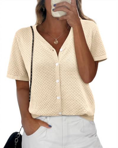 Image of NALANISA Women's Short Sleeve Sweater Spring Summer Crochet Knit Tops 2026 V Neck Striped Button Down Dressy Casual Blouses