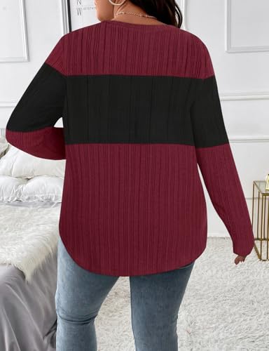 Image of Koscacy Women Plus Size Casual Knit Sweater V Neck Solid Color Tops Lightweight Long Sleeve Blouses