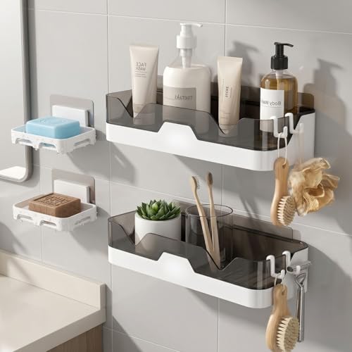 Image of HOUSE OF VIPA Self-Adhesive Bathroom Shelf for Wall, Bathroom Organizer with Towel Holder and 4 Hooks, Space-Saving Bathroom Accessories, 2 Storage Shelves & 2 Soap Dishes (B /W), 4 Pack