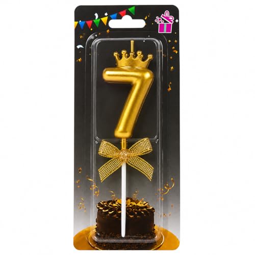 Image of Number 7 Unscented Candle with Crown for Birthday, Wedding, Engagement, Valentines Day Celebration, Theme Party, Bridal Shower, Bachelor Party Cake Topper for Decoration, Gold 1 pc