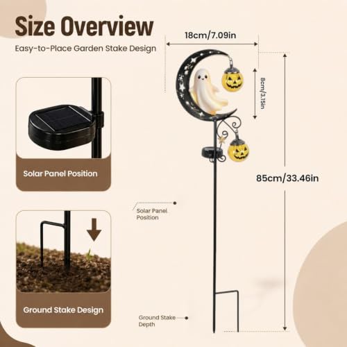 Solar Halloween Black Cat & Pumpkin Moon Garden Stake Light, Metal Crescent Moon & Pumpkin Lantern, Outdoor Waterproof LED Yard Decoration with Crescent Moon, for Patio Lawn Path Yard (D #) - image 2