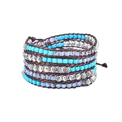 Turquoise Bead, Sky Crystals, Silver Zinc + Brown - Spirit Wrist Kai Boho Wrap Bracelet #TOP6