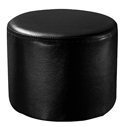 Puf redondo tapizado de cuero otomano para sala de estar, mesa de centro de madera maciza, banco en color negro, 29 x 29 x 30 cm