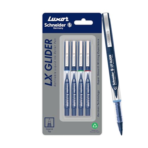 Image of Luxor Schneider, LX Glider Pens, Assorted, Pack of 4, Ink- (Blue, Black, Green, Red), Hybrid Tip, Refillable, Liquid Ink Roller Pen, Smooth Glide, Ideal for Professional Use