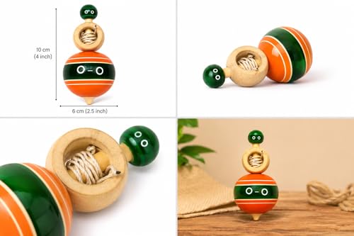 Image of Bhartiye Crafts Handmade Wooden Spinning Top Toy with Thread | Traditional Indian Lattu Lattoo for Kids | Pull String Mechanical Spinner | Wooden Toy | 4 x 2.5 Inch