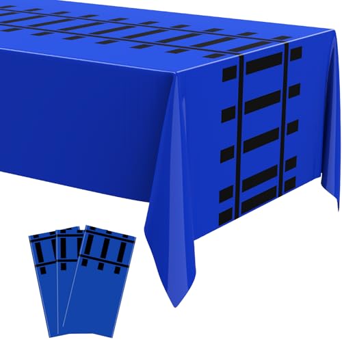 Image of Teenyyou 3 Pcs Train Party Decorations Railroad Track Tablecloths Express Train Birthday Party Supplies 54 x 108 Inch Plastic Table Covers for Railroad Track Western (Blue)