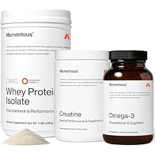 Momentous Three - Creatine Monohydrate Powder 90 Servings, Grass-Fed Whey Protein Powder Unflavored & Omega-3 Fish Oil 1600mg - Daily Essentials for Strength, Performance & Lean Muscle Recovery