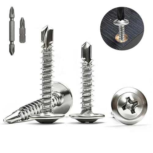 Hexizexi 100 Piezas Tornillos Autorroscantes 4.2x19 mm Tornillos Roscachapas Inoxidable 410 con 2 Brocas para Madera Acero