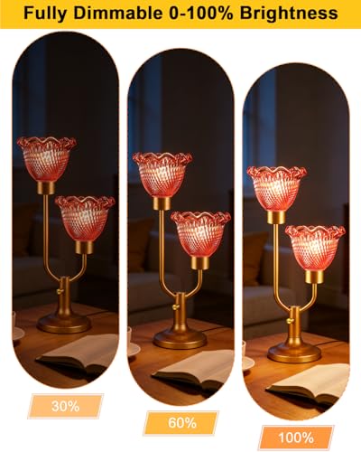 Image of Lightdot Flower Glass Table Lamp for Bedroom Vintage Pink Lamp Dimmable | Mid Century Modern Gold Desk Lamp 2 Bulbs Included Warmwhite Ambient Nightstand Bedside Lamps for Living Room Home Decor Gift