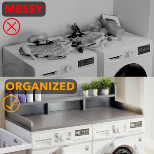 CuisinSmart Washer Dryer Countertop with 2-Tier Shelf, Wood Laundry Countertop Over Washer and Dryer with Edge, 54" Width x 27.5" Depth Laundry Hamper Table Top Storage Organization Gray