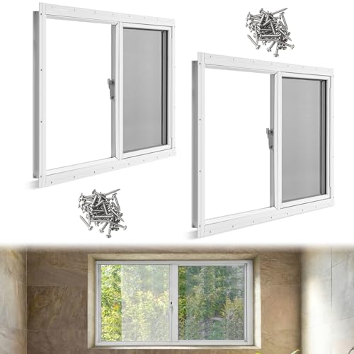 Kathfly 2 Pack Basement Home Window 32'' x 18'' Mini Basement Windows Replacement with Glass Screen and Screws for Home Sheds Barns (White)