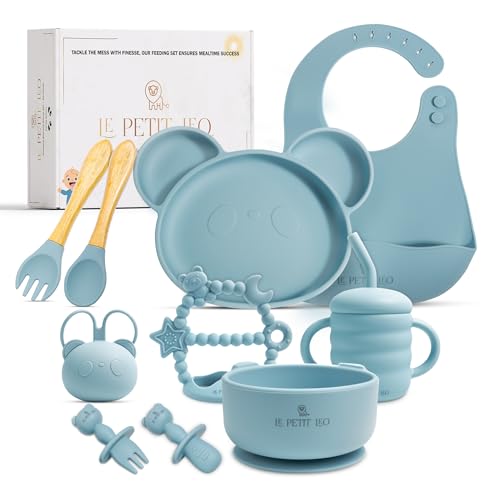 Image of Silicone Baby Feeding Set - Complete Baby Led Weaning Supplies with Non-Toxic Silicone Bibs, Suction Plates, Suction Baby Bowl, Sippy Cup, Baby Spoons and Fork, Toddler Utensils (Baby Sky)