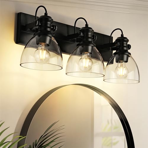 Image of 3-Light Black Bathroom Vanity Light Over Mirror, Clear Glass Shade | 23 inch Retro Vintage Vanity Lighting Fixture, E26 Base, Long Base Metal Frame, Ideal above Bathroom Mirrors, 22151-3W-BK