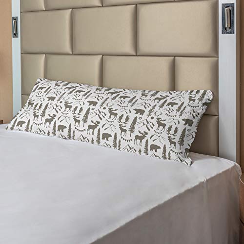 Ambesonne Northwoods Body Pillow Case Cover With Zipper, Forest Elements With Bear Moose Trees And Mountains Wildlife Nature Theme, Decorative Accent Long Pillowcase, 21" X 54", Taupe White #TOP1